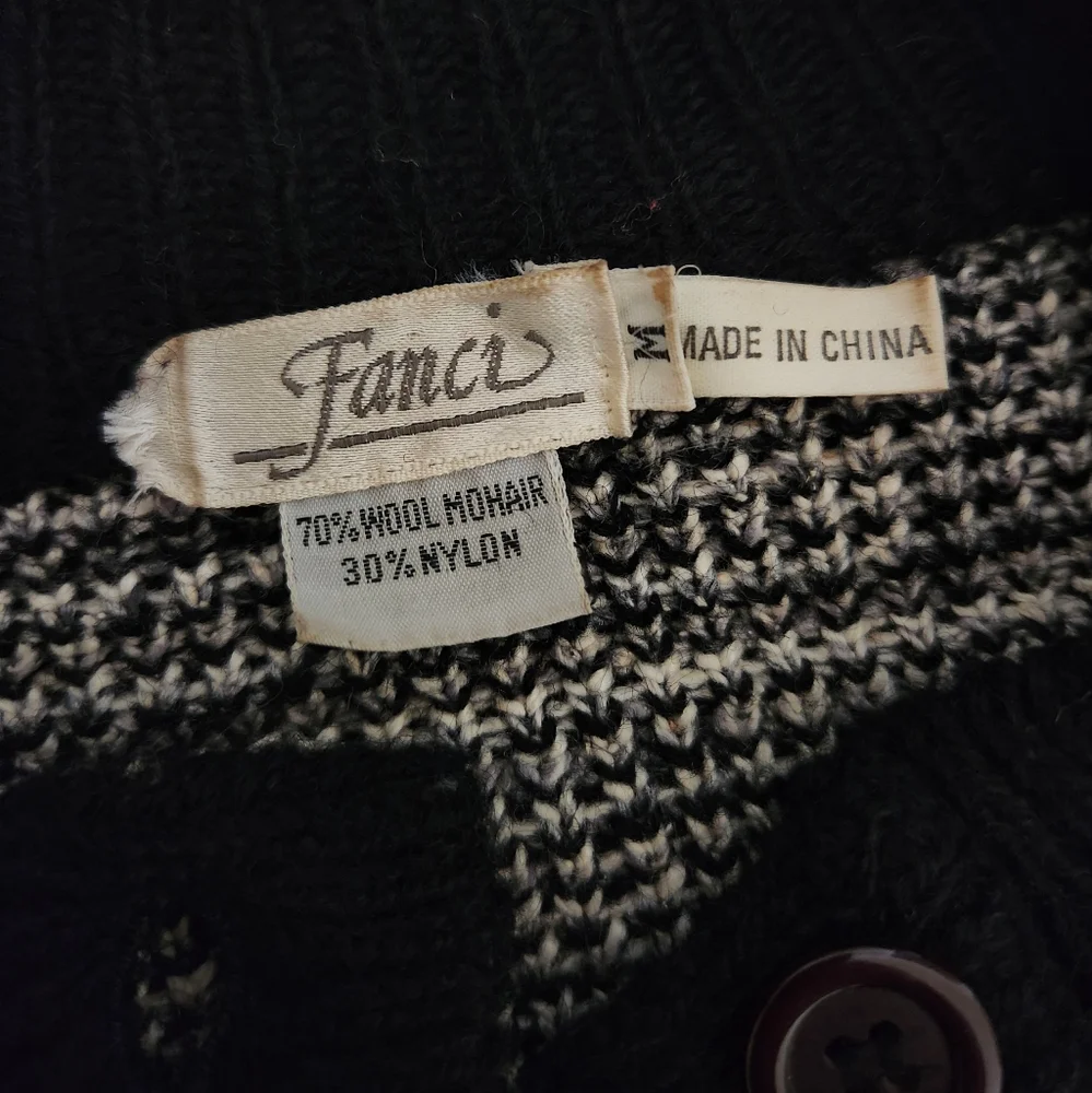 Mohair Wool Fanci Vintage Cardigan Trival Print Size M oversized Black Color - Picture 6 of 14